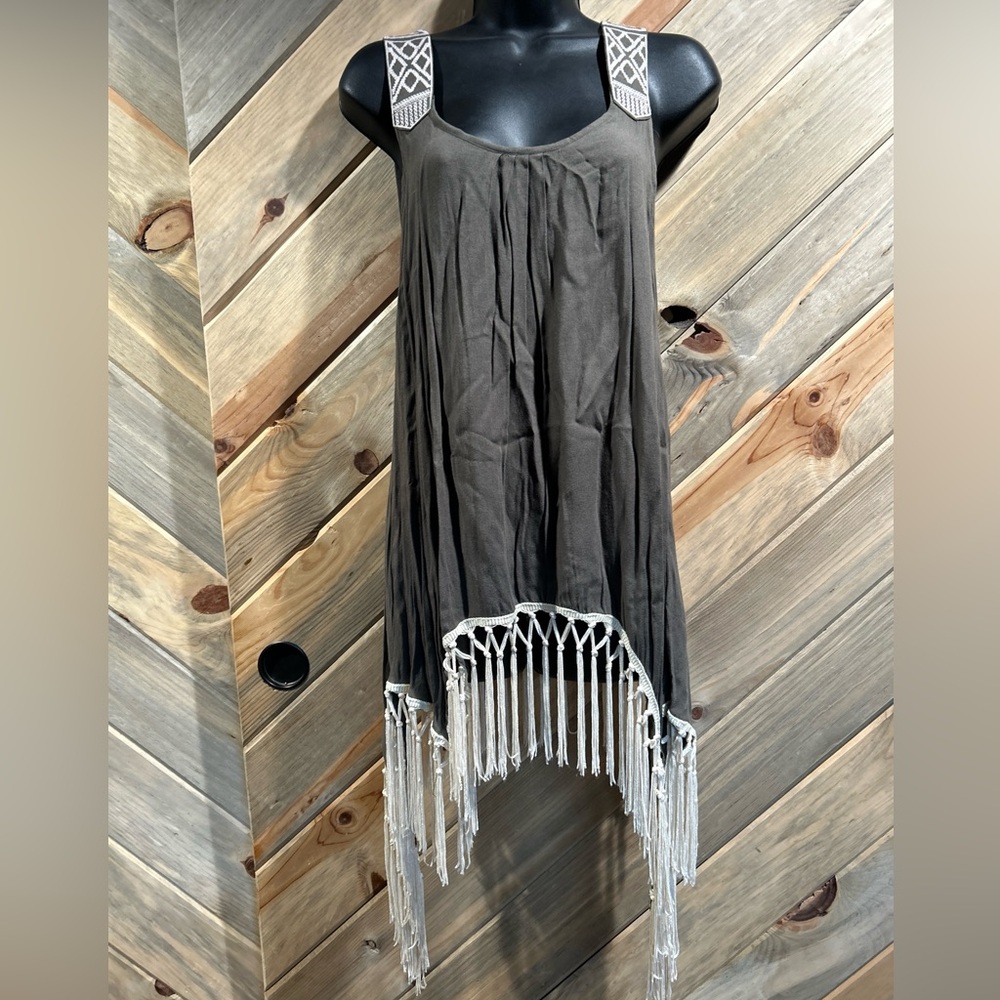 Boho Embroidered Tapestry Wide Strap Tank Asymmetrical Tassel Hem Mini Dress